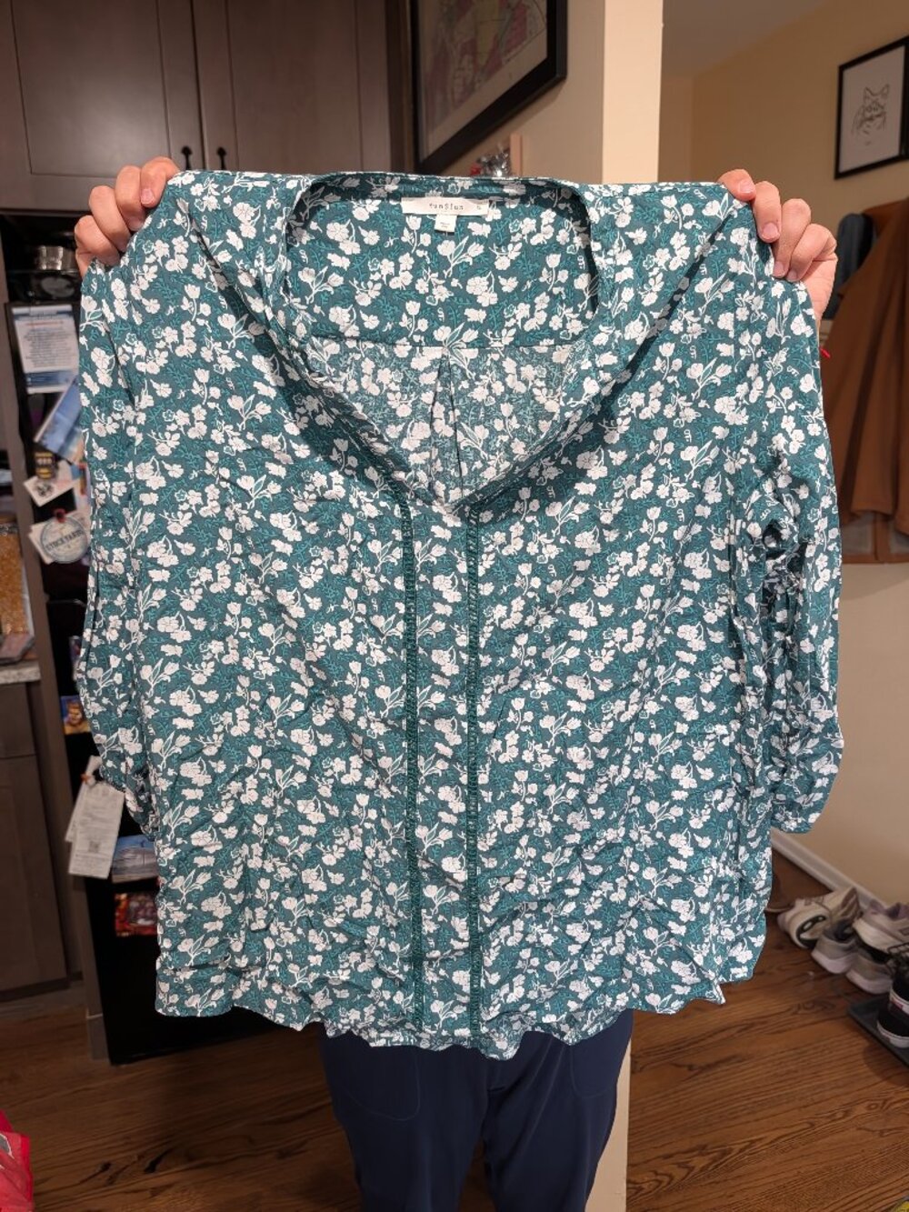 Fun 2 Fun Teal Green Floral Crochet Trim Blouse Top XL